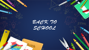 Back to school themed slide with a blue background, surrounded by colorful school supplies with educational doodles.