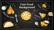 Cartoon-style food illustrations slide deck on a dark background,  showing colorful food-themed designs below.