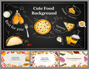 Cartoon-style food illustrations slide deck on a dark background,  showing colorful food-themed designs below.