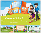 Colorful slide featuring a cartoon family outside a bright school, with captions emphasizing fun learning and adventure.