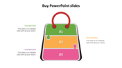 Shopping bag graphic with three puzzle like sections in green, orange, and pink numbered 01, 02, and 03, with text area.