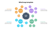 Mind map PowerPoint slide with central and surrounding nodes for text, each with unique icons representing different ideas.