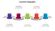 Isometric infographic slide featuring five colorful cylindrical shapes, each with space for text.