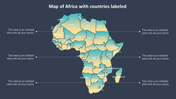 Colorful map of Africa with clear country labels and placeholder text on a blue shade backdrop.