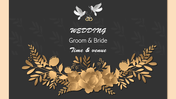 Elegant wedding invitation slide featuring gold floral designs, doves, and the text with time and venue details.