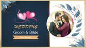 Elegant wedding invite with heart icon, couple's photo, and floral accents on a navy and gold-themed background.