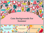 Colorful summer-themed slides with cute illustrations of pineapples, ice cream, and beach accessories with text area.