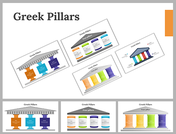 Slide deck featuring colorful Greek pillars in various layouts, each supporting a roof with text boxes inside.