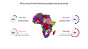 Africa map in the center with colorful sections and four text sections with percentage markers around it.