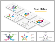 Star-shaped charts on a series of slides, with various sections labeled to represent different aspects of a topic.