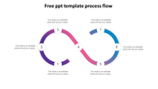 PowerPoint template featuring a colorful process flow with seven steps, each with placeholder text on a white backdrop.