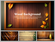 Wood background slides with autumn leaves framing the border, showcasing text about sustainable wood harvesting.