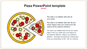 Illustration of one slice removed pizza with various toppings, and text on the right side.