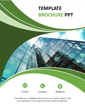 Brochure PPT slide cover with a green wave design and a building reflection image, highlighting three icons with text area.