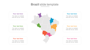 Gray map of Brazil with regions in purple, green, blue, orange, red, and pink, with matching text boxes on both sides.