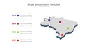 Brazil map infographic with timeline dots in various colour marking events from 2018 to 2021 in various locations 