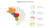 Map of Brazil with four highlighted regions in orange, blue, red, and green, each linked to circular percentage diagrams.