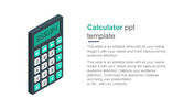 Calculator illustration with teal buttons on the left and text in gray, set on a white background.