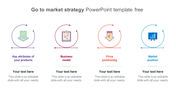 Four circular outlined arrows in purple, red, orange, and blue, each with icons representing aspect of go to market strategy.