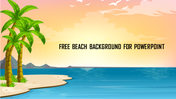 Tropical colorful beach background with palm trees, calm ocean waves, and a warm sunset sky with a title text.