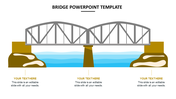 Slide with bridge illustration over blue water and beige supports, with three text placeholders below.