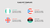 Slide with four flags of different countries in circular shapes, each with text beside on a light background.