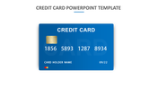 Blue credit card graphic with numbers, a cardholder name, and expiration date, displayed in the center.