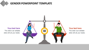 Gender equality graphic featuring a scale with male and female figures in balance, and text placeholders on either side.