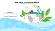 Colorful illustration of renewable energy slide showing windmills, solar panels, and a powerplant atop a globe and water.