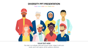 Diversity slide featuring a group of diverse people in various traditional and modern outfits with placeholder text below.