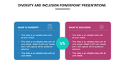 Diversity and inclusion slide layout showcasing key concepts in separate color coded sections with placeholder text.