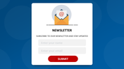 White sign-up form for a newsletter with an envelope icon, two input fields, and a red submit button on a blue background.