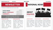 A newsletter presentation slide featuring sections for corporate news and national news with placeholder text.