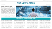 Business themed newsletter slide with sections for text and images, featuring a man analyzing stock data.