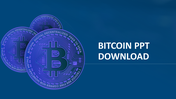 Three overlapping Bitcoin coins in a blue tone on the left side, with the text on the right against a dark blue background.