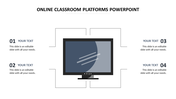 Online classroom platforms template with a central monitor icon connected to four numbered text sections on each side.