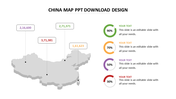 Map of China with highlighted data locations and associated figures, complemented by percentage icons on the right.