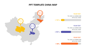 Map of China in gray with yellow, orange, and blue markers featuring icons, alongside three matching progress bars.