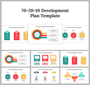 Slide pack featuring a 70-20-10 model, with flow diagrams, circular charts, and infographics in vibrant colors.