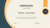 Certificate slide for achievements with a stylish blue and gold border, an award ribbon, spaces for name, date and signature.