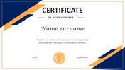 Certificate of Achievements slide with name, date, and signature fields, decorated with blue and orange geometric patterns.