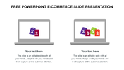 Two gray laptop illustrations with e-commerce shopping bag icons on screen, and text placeholders below.