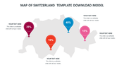 Switzerland map slide with four colorful location markers in red, blue, pink, and orange, each showing a percentage.