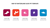 Row of Switzerland map icons in red, orange, pink, and purple squares, each with a text area below.