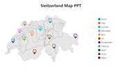 Map of Switzerland with colored markers for cantons, numbered pins, and a legend listing canton names by color.