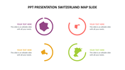 Switzerland map slide with four regional cutouts in purple, red, yellow, and green circular elements.