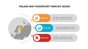 Gray map of Europe highlighting Finland in yellow, with three colored text boxes on the right for content.