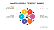 Circular market segmentation template with six colorful segments connected to a central business icon with text captions.