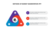 A slide showing three market segmentation methods in a colorful triangular design, with icons representing each method.