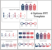 Slide deck with four step process layout in blue and red shades, showing business, process, target, and growth options.